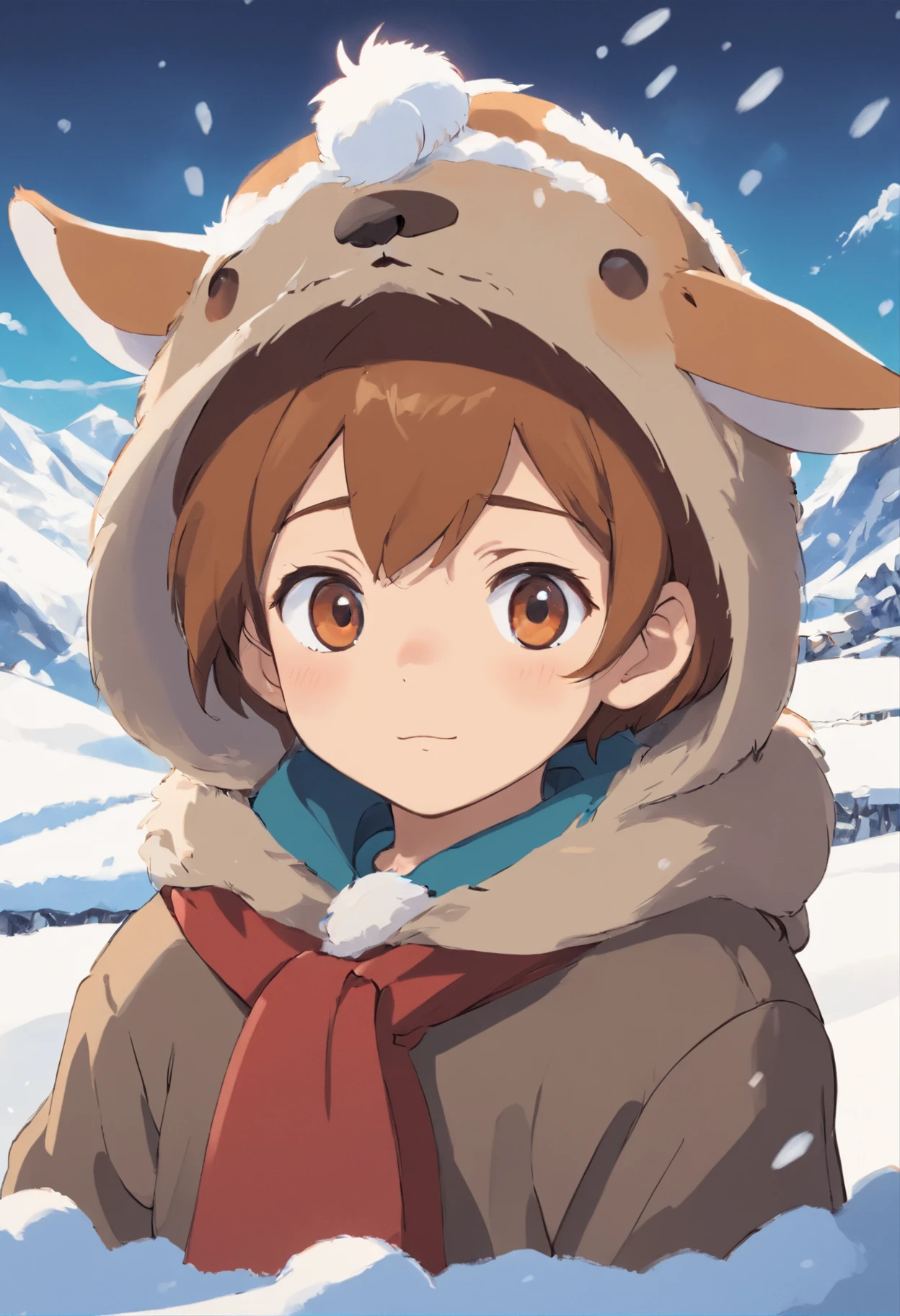 younge boy,There are two beagle ears on the head,Roll in the snow,Q version,Simple lines,Dirty face
