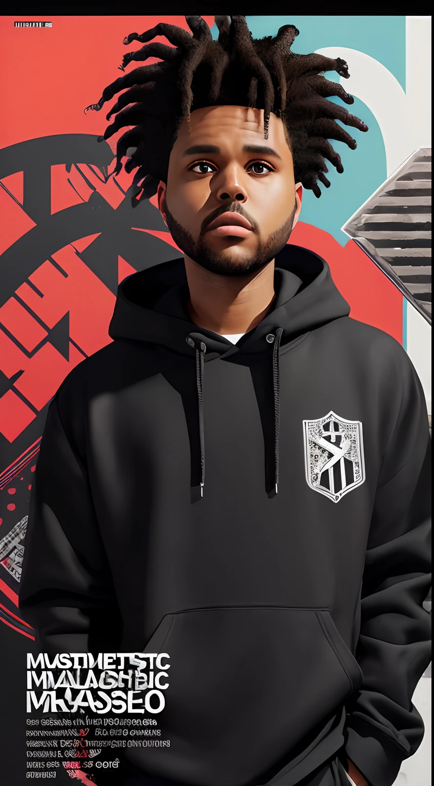 ((((best quality))), (((ultra detailed))), (((masterpiece))), illustration,(cover style illustration of the weeknd magazine with Black Clothes), posing in front of a colorful and dynamic background. The text on the cover should be bold and attention-grabbing, with the magazine title and a catchy title. The overall style should be modern and modern, with a focus on fashion and lifestyle), wallpaper,crowds,fashion,lipstick,ray tracing,depth of field,street,in public,day 1man,solo,looking at the viewer, shiny skin, ((Dread's hair))) (((dark)). ((Dark)) ((mysterious))