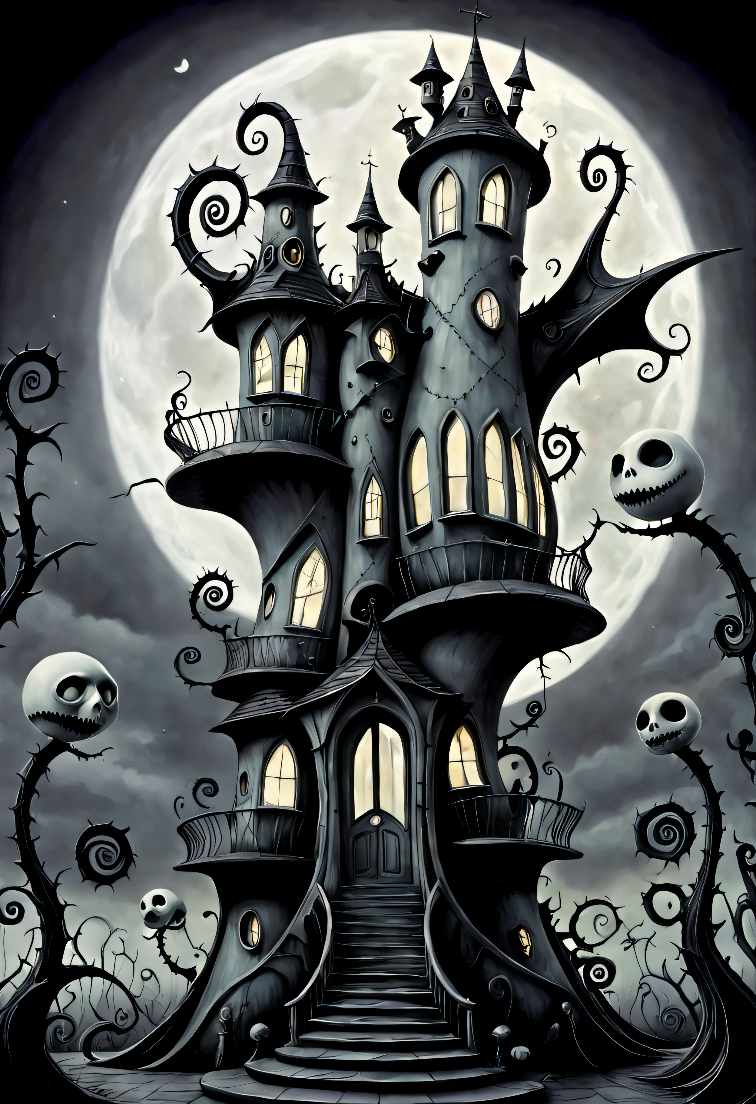 In the surreal geometry of Tim Burton's universe, a house takes form. Its architecture defies gravity, with doors and windows shaped like impossible polygons. Around the house, peculiar creatures with exaggerated features and intricate geometry-patterned costumes gather. The scene exudes an aura of charming eccentricity, a perfect fusion of Burton's signature style and the mesmerizing allure of geometric shapes.,(hand drawn with pencil:1.15), (tim burton style:1.27), ,