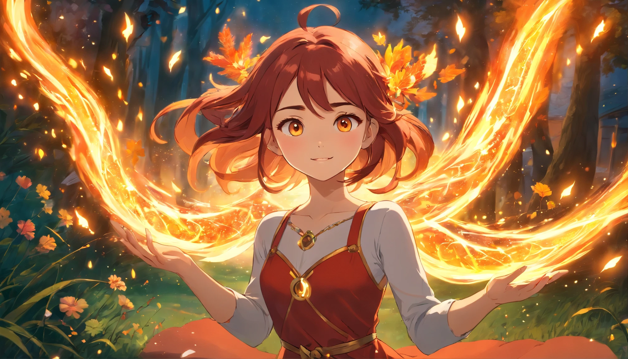 (best quality,4k,8k,highres,masterpiece:1.2),ultra-detailed,(realistic,photorealistic,photo-realistic:1.37),beautiful detailed eyes,beautiful detailed lips,extremely detailed eyes and face,longeyelashes,red hair flowing in the wind,shimmering red eyes,red dress that glows in the dark,fire magic emanating from her hands,golden fire particles floating around her,enchanted garden full of vibrant flowers and plants,soft sunlight filtering through the trees,sparkling dewdrops on the leaves,gentle breeze swaying the grass,smoke-like tendrils of magic intertwining with the fire,confident and elegant stance of the girl,crackling flames casting a warm glow on her surroundings,mystical runes inscribed on the ground,fiery sparks igniting the air,expressive and captivating gaze of the girl,mesmerizing combination of red and gold hues,impressive detailing on the girl's fiery magic,the girl's radiant smile illuminating the scene,vibrant and saturated colors highlighting the intensity of the fire magic,soft and warm color palette with hints of oranges and yellows,ethereal and magical atmosphere created by the girl's powers,subtle flickering lights reminiscent of candle flames,subtle play of light and shadow to enhance depth and dimension,fine brushstrokes and delicate textures to add richness and realism.