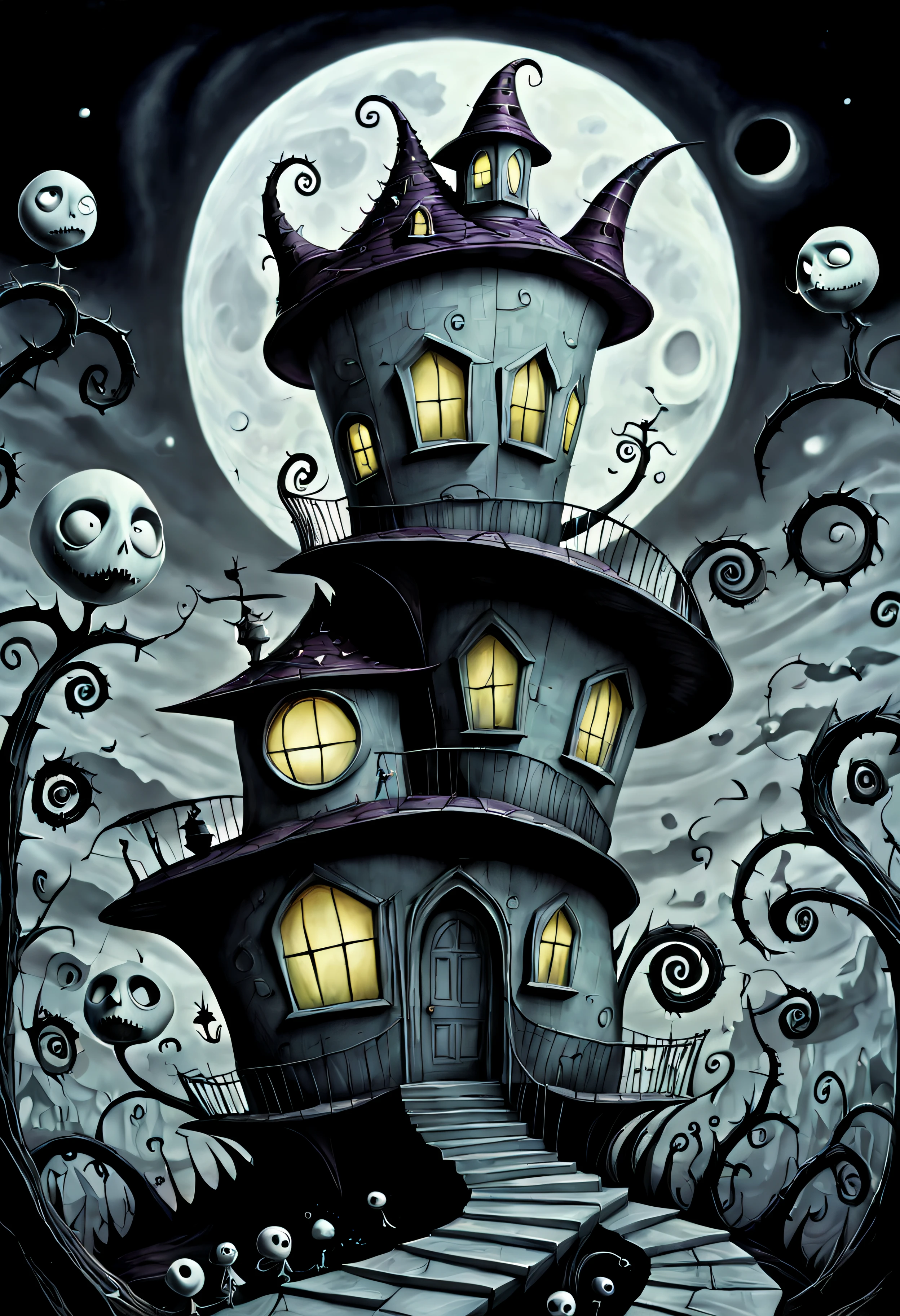 In the surreal geometry of Tim Burton's universe, a house takes form. Its architecture defies gravity, with doors and windows shaped like impossible polygons. Around the house, peculiar creatures with exaggerated features and intricate geometry-patterned costumes gather. The scene exudes an aura of charming eccentricity, a perfect fusion of Burton's signature style and the mesmerizing allure of geometric shapes.,(hand drawn with pencil:1.15), (tim burton style:1.27), ,