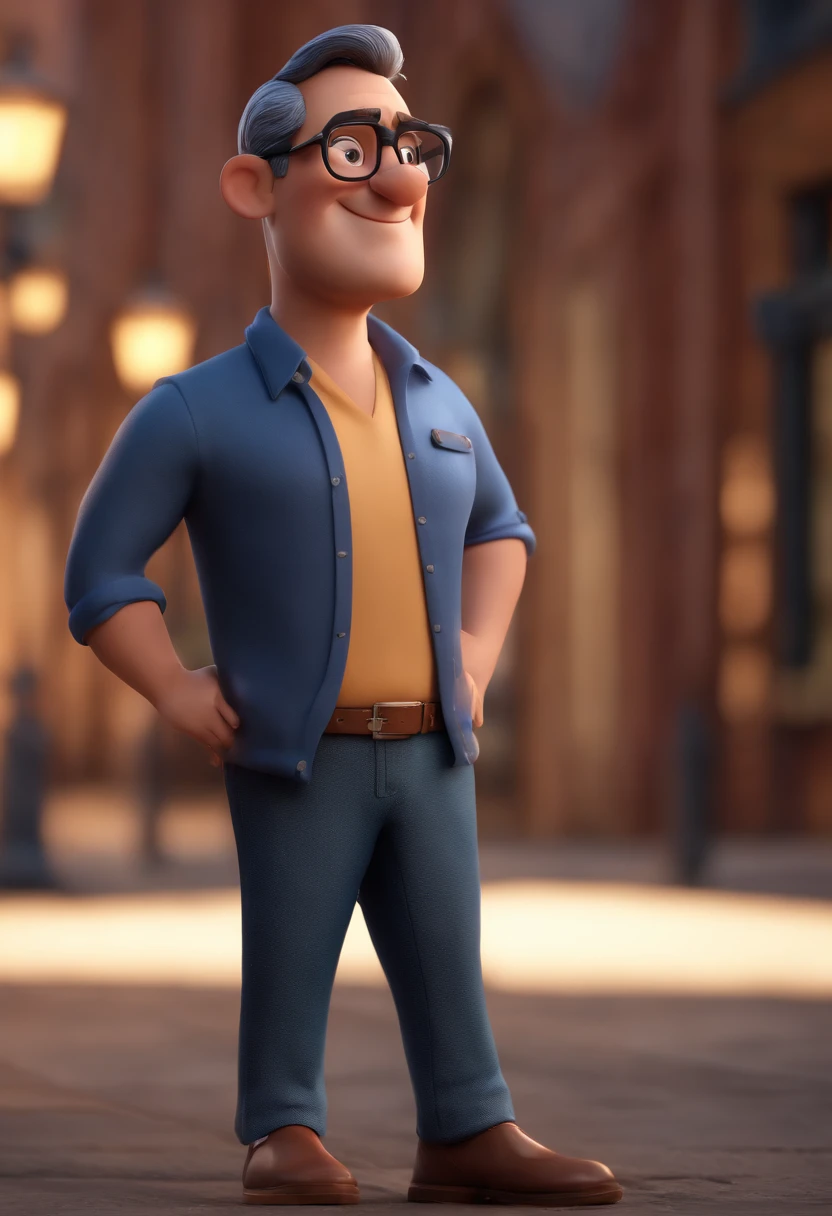 Cartoon character of a man with black glasses and a blue shirt, animation character, Caractere estilizado, animation style rendering, 3D estilizado, Arnold Maya render, 3 d render stylized, toon render keyshot, Personagem 3D, Personagem 3D, 3d rendering stylized, 3 d character render, personagem de desenho animado, Personagem de close up, Pose de personagem, (Estilo Pixar) (master part:1.2) (Bokeh) (best quality) (pele detalhada) (textura detalhada) (8k) (argila) (Cinematic lighting) (foco nítido
