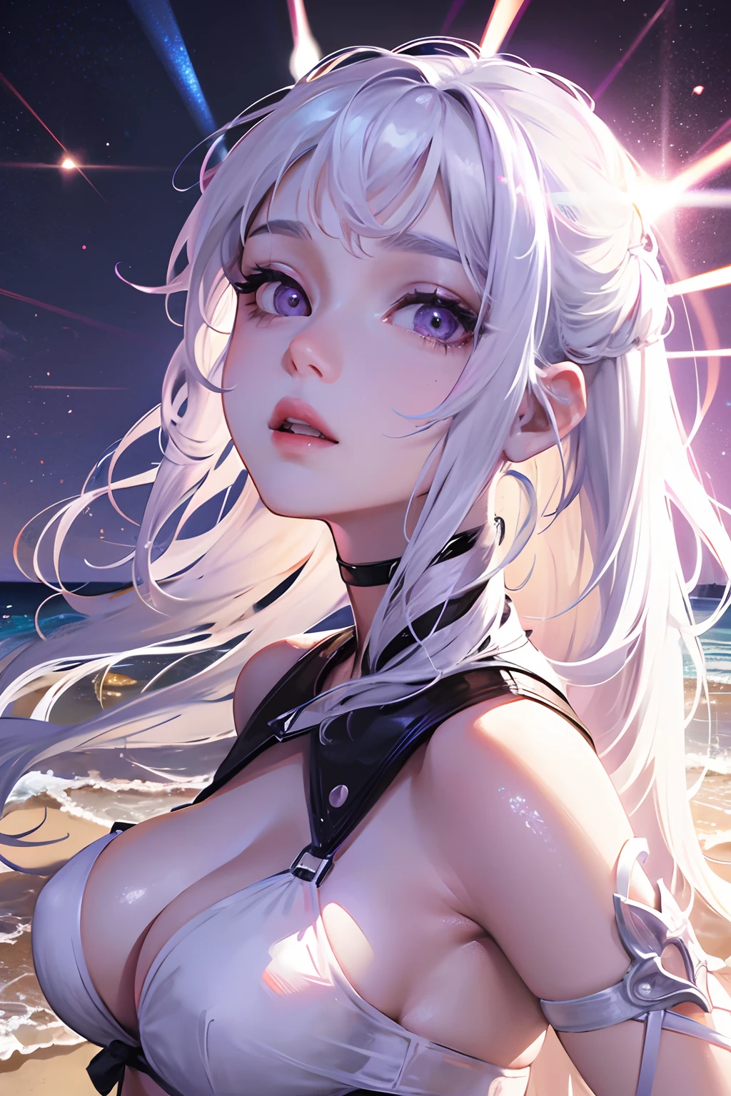 realistic, 1girl, white hair, purple eyes, bikini, beach, light particles, light rays, wallpaper,