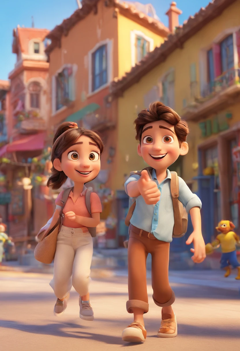 Cartoon of friends having fun on vacation together, 3D Animation Movie Poster, Poster de filme animado, pixar 3 d animation style, pixar renderman rendering, maia 8 mil, animated film, Disney Pixar Estilo 3D, amigos felizes saem juntos, all wearing light blue shirts and cream brown long pants, camisa azul clara, cream brown pants, ao ar livre, vacation, Disney Pixar Animation Poster