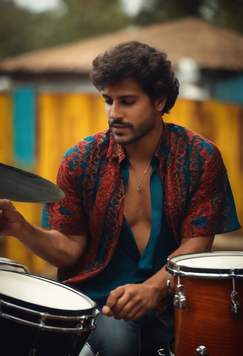 Homem de camisa chadrez tocando bateria