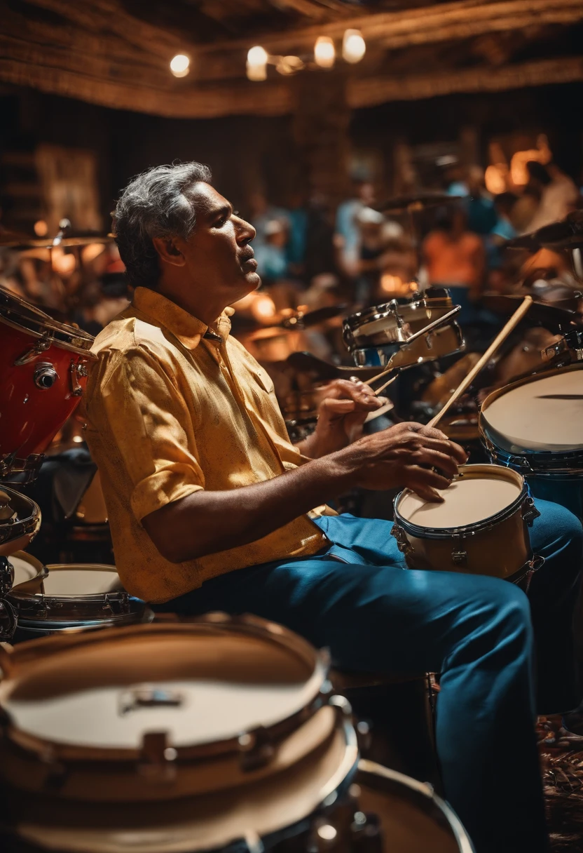 Homem de camisa chadrez tocando bateria
