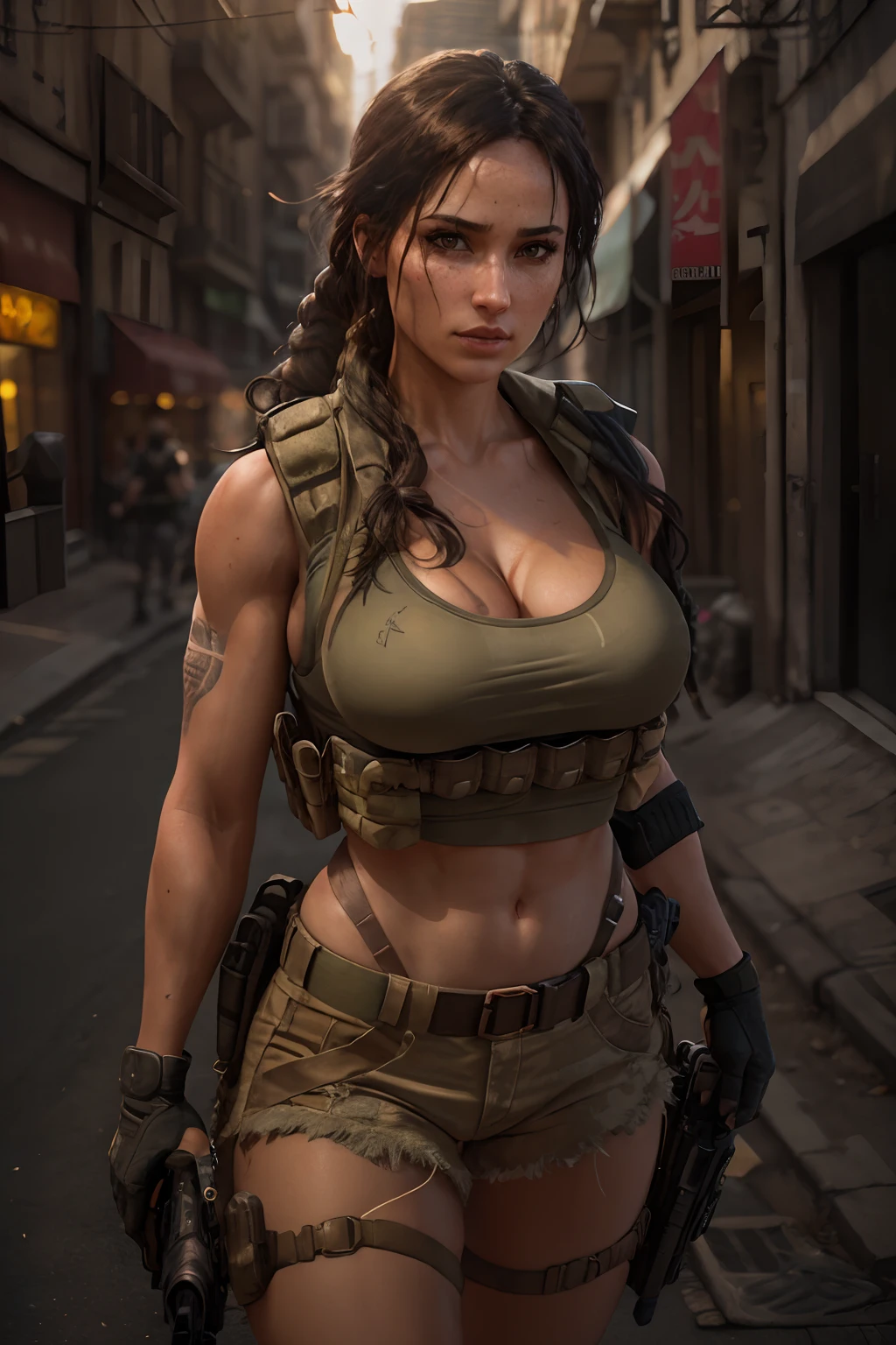 octane render, hdr, (hyperdetailed:1.3), (frontal soft light, sharp:1.2), Beautiful (Lara Croft:1) in a street,  detailed face, perfect body, cinematography, maximum details, neutral colors, hdr, soft cinematic light, insane details, ((realistic filter)),   (look at camera), (perfect legs), (perfect breast),random view, (regular hip), ((pull up thonga)), Tacticool, (vest:1.2), military, (cleavage)
