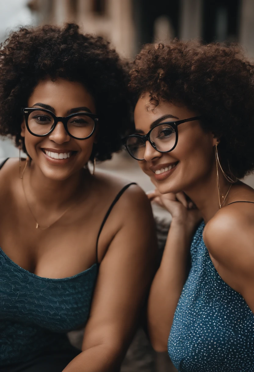 There are two women posing together for a photo, Black-skinned woman with round black glasses, very short curly hair, Fair-skinned woman with black glasses, medium curly black hair, fotografia: Soldado Nandor, instagram, Tachisme, noite!, imagem de perfil, duas mulheres, imagem do avatar , both smiling for the camera, in Rio de Janeiro, Foto do perfil, 3 5 old Brazilian mother, foto do snapchat, Foto POV, Duas mulheres bonitas no amor, foto selfie
