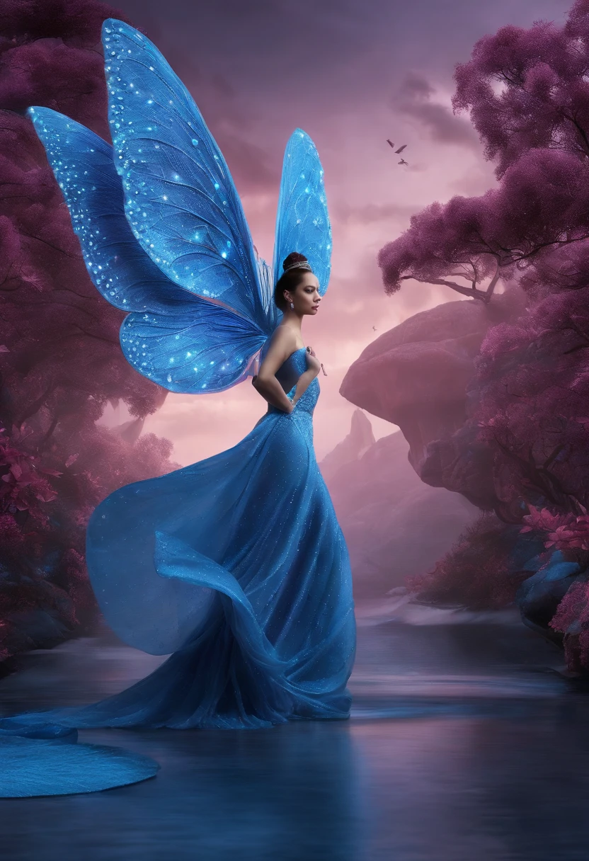 Design virtual clothing,The Night Pearl Butterfly is a major source of inspiration,The color is blue,purpleish color,in pink,It is shaped like a skirt,The design style is sci-fi, High-end and modern,The texture of the garment presents a three-dimensional silk silk light texture,The design screen presents the picture of the entire costume design catwalk,The catwalk scene is presented in the background, It has the texture of three-dimensional transparent glass crystals,Among them there is a bright surface of water,Colorful plants,Huge trees and vivid birds,C4D design, Design tools