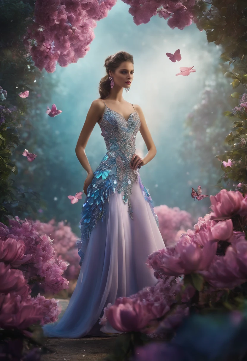 Design virtual clothing,The Night Pearl Butterfly is a major source of inspiration,The color is blue,purpleish color,in pink,It is shaped like a skirt,The design style is sci-fi, High-end and modern,The texture of the garment presents a three-dimensional silk silk light texture,The design screen presents the picture of the entire costume design catwalk,The catwalk scene is presented in the background, It has the texture of three-dimensional transparent glass crystals,Among them there is a bright surface of water,Colorful plants,Huge trees and vivid birds,C4D design, Design tools