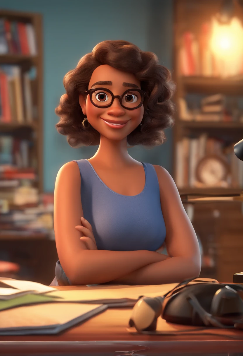 Pixar style image with 3D character, a light-skinned black woman with glasses and a dress outfit, she is a lawyer and is well dressed in the background, a law office with bookshelf and books with depth, bem bonito faca os ajustes que julgar necessario para melhor estetica ela tem cabelo liso medio castanhos imagem profissional, simone graci, imagem profissional, imagem de perfil, imagem de alta qualidade, Alanis Guillen, inspirado em Araceli Gilbert Maquiagem Disney,Pescador, bonitinho, sorridente ,Close-up, Pixar, Disney, Cinema lighting, oculos molho de chaves nas maos corretora de imoveis