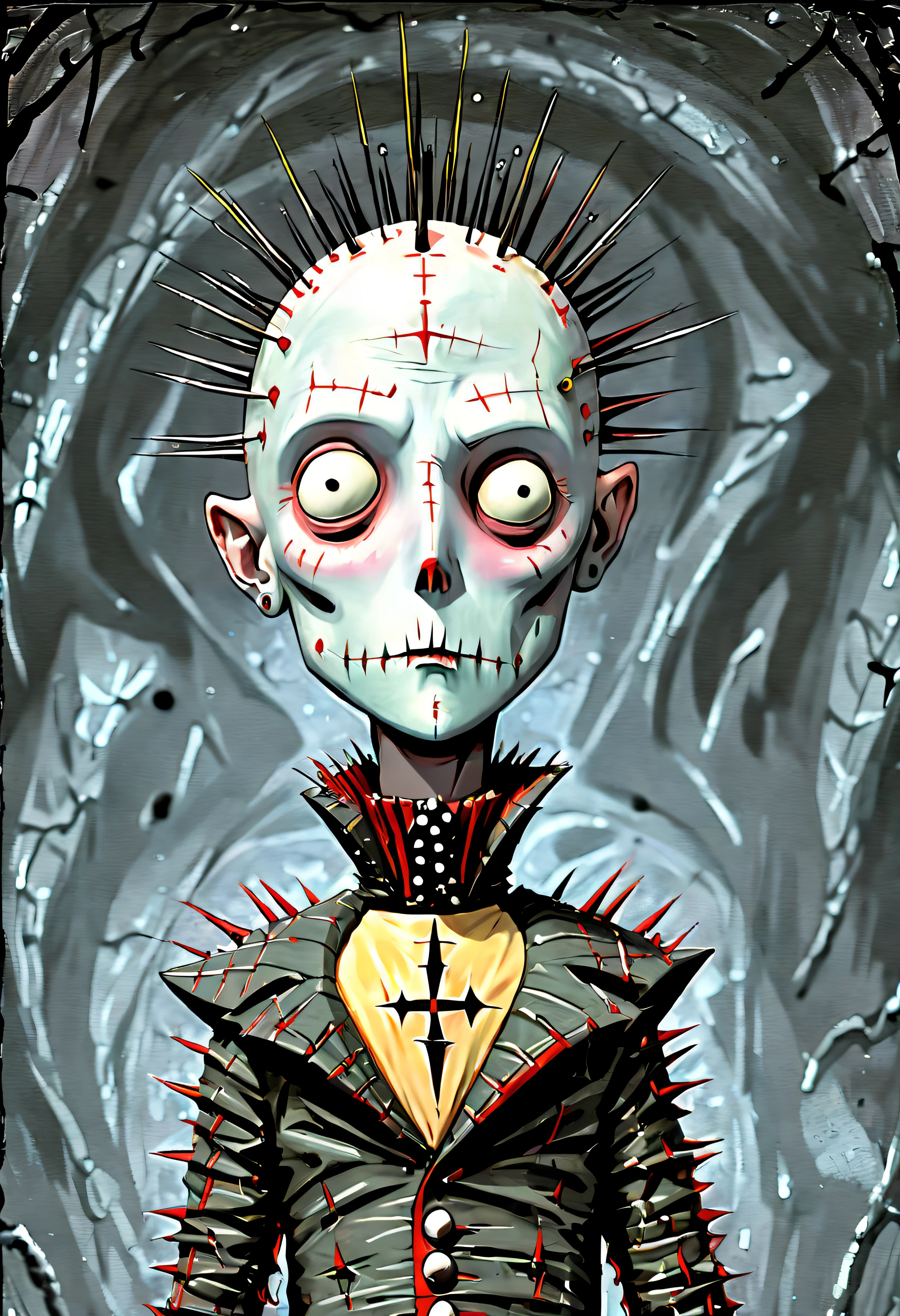 closeup portrait 2d, painting anime artwork 1boy as (pinhead:1.4) from hellraiser horror style,anime style, key visual, vibrant, studio anime, ,(hand drawn with pencil:1.15), (tim burton style:1.25), ,