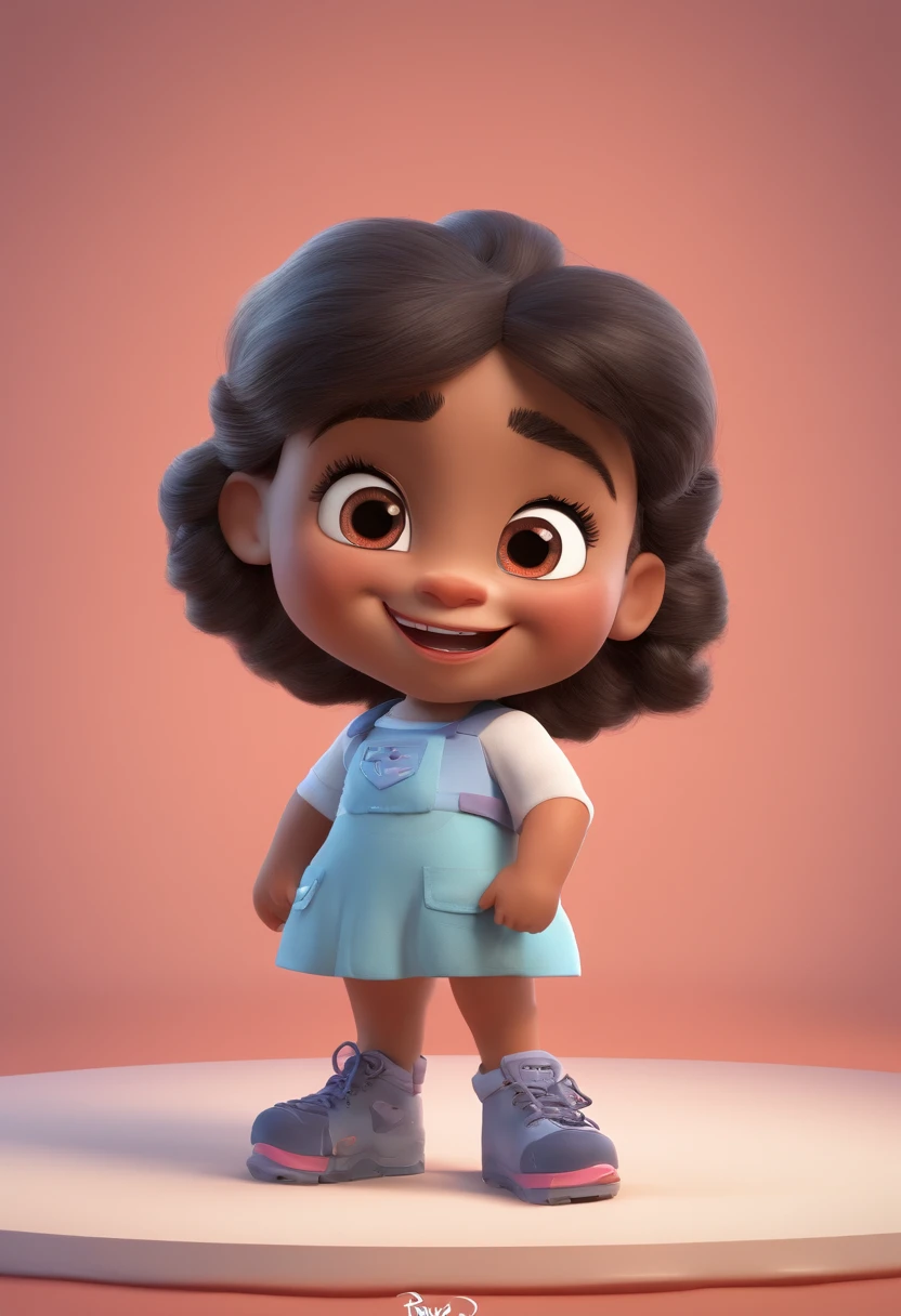 Estilo Pixar: Menina PRETA com cabelo CACHEADO curto, castanho escuro, OLHO castanhos claros de casaco branco segurando uma bola, em atendimento domiciliar , 3D Poster,Disney