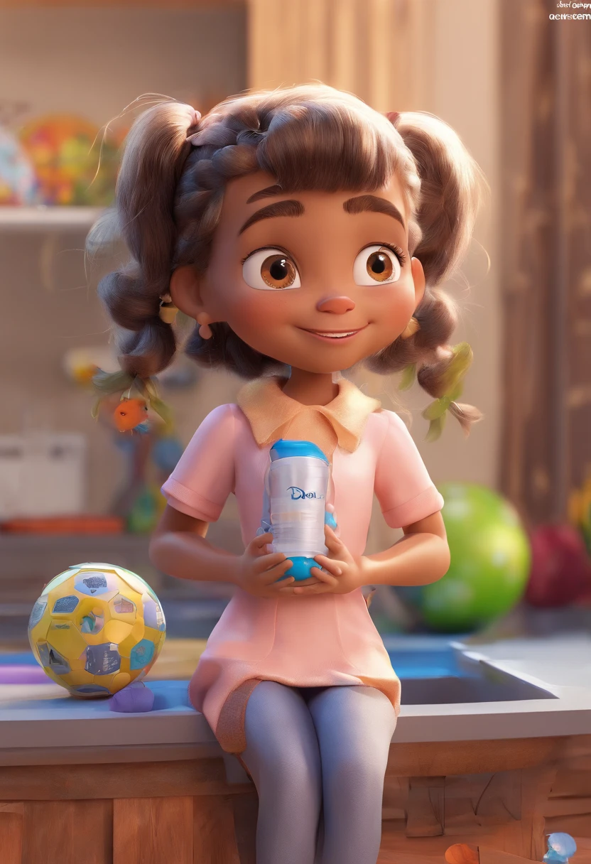 Estilo Pixar: Menina PRETA com cabelo CACHEADO curto, castanho escuro, OLHO castanhos claros de casaco branco segurando uma bola, em atendimento domiciliar , 3D Poster,Disney