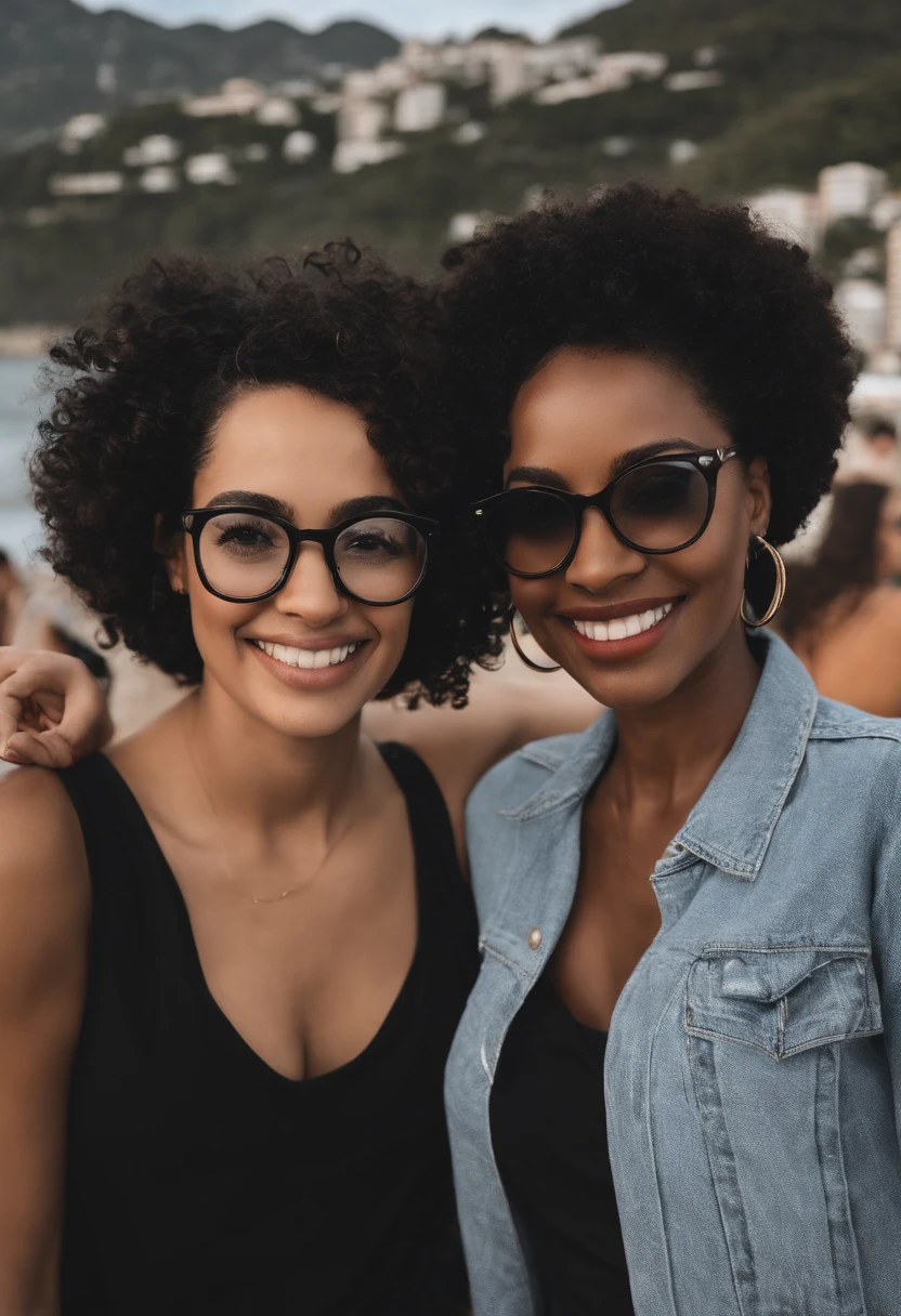 There are two women posing together for a photo, Black-skinned woman with round black glasses, very short curly hair, Fair-skinned woman with black glasses, medium curly black hair, fotografia: Soldado Nandor, instagram, Tachisme, noite!, imagem de perfil, duas mulheres, imagem do avatar , both smiling for the camera, in Rio de Janeiro, Foto do perfil, 3 5 old Brazilian mother, foto do snapchat, Foto POV, Duas mulheres bonitas no amor, foto selfie