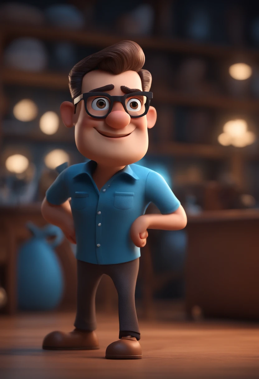 Cartoon character of a man with black glasses and a blue shirt, animation character, Caractere estilizado, animation style rendering, 3D estilizado, Arnold Maya render, 3 d render stylized, toon render keyshot, Personagem 3D, Personagem 3D, 3d rendering stylized, 3 d character render, personagem de desenho animado, Personagem de close up, Pose de personagem, (Estilo Pixar) (master part:1.2) (Bokeh) (best quality) (pele detalhada) (textura detalhada) (8k) (argila) (Cinematic lighting) (foco nítido
