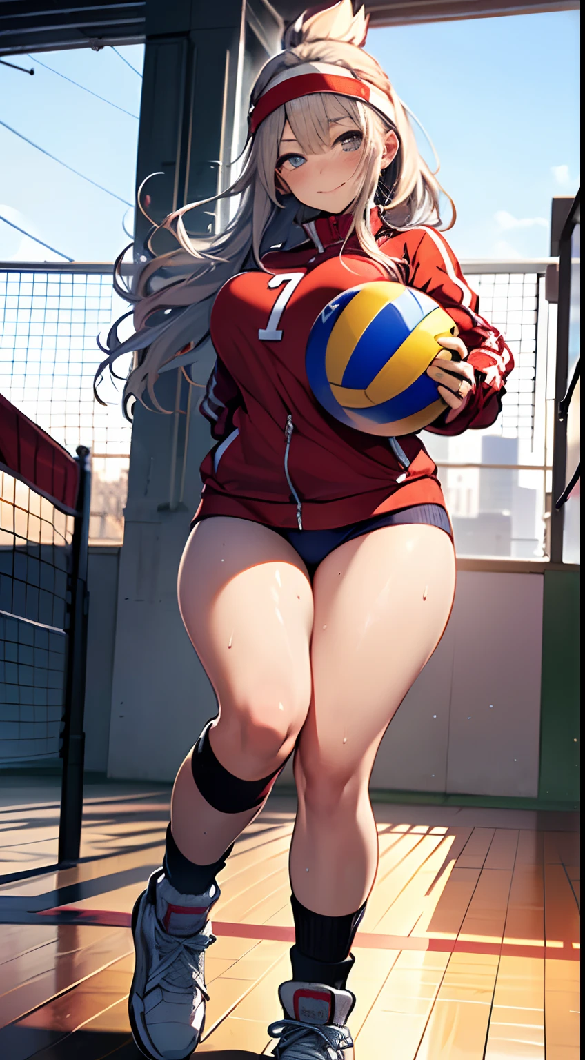 UHD, anatomically correct, 8k, (((masterpiece))), (((best quality))), (((ultra detailed))), (((high-resolution))), ((super fine illustration)), ((Ultimate cutie)), detailed beautiful face, solo, one girl, , potbelly, curvy, large breasts, Thick thighs, shiny hair, one eye closed, smile, (blush), BREAK, (((buruma))), (track jacket), headband, ((wrist bands)), ((kneepads)), (((loose socks))), (((leg warmers))), ((high top sneakers)), BREAK, ((Embrace the Beautiful spherical shape 6-inch volleyball with both hands)), ((hold the Beautiful spherical shape 6-inch volleyball in both hands)), ((sweat)), (perspired), (heavy breathing), sense of depth, in gymnasium, lighting, full body, from below, looking at viewers
