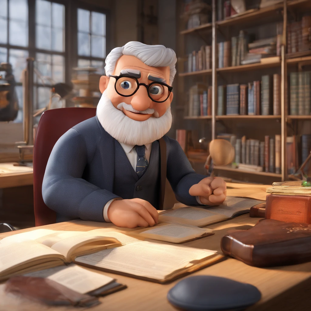 Crie um cartaz inspirado na Disney Pixar com o personagem sendo o pastor Rubens Janier, A gray-haired man wearing glasses, in an office with a Bible on the table, olhando para frente