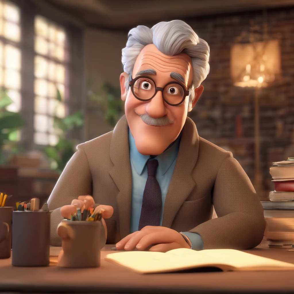 Crie um cartaz inspirado na Disney Pixar com o personagem sendo o pastor Rubens Janier, A gray-haired man wearing glasses, in an office with a Bible on the table, olhando para frente