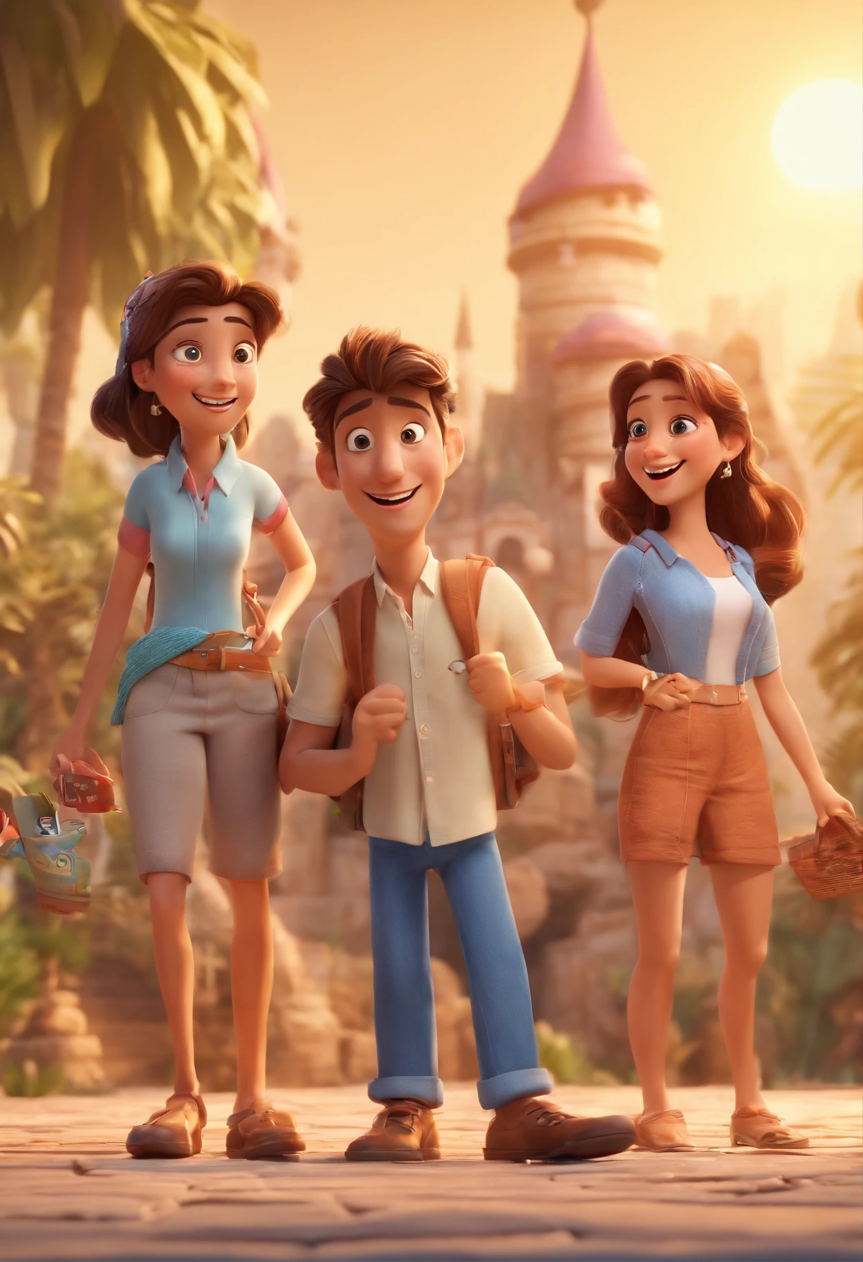Cartoon of friends having fun on vacation together,  3D Animation Movie Poster, Poster de filme animado, pixar 3 d animation style, pixar renderman rendering, maia 8 mil, animated film, Disney Pixar Estilo 3D, amigos felizes saem juntos, all wearing light blue shirts and cream brown long pants, camisa azul clara, cream brown pants, ao ar livre, vacation, Disney Pixar Animation Poster