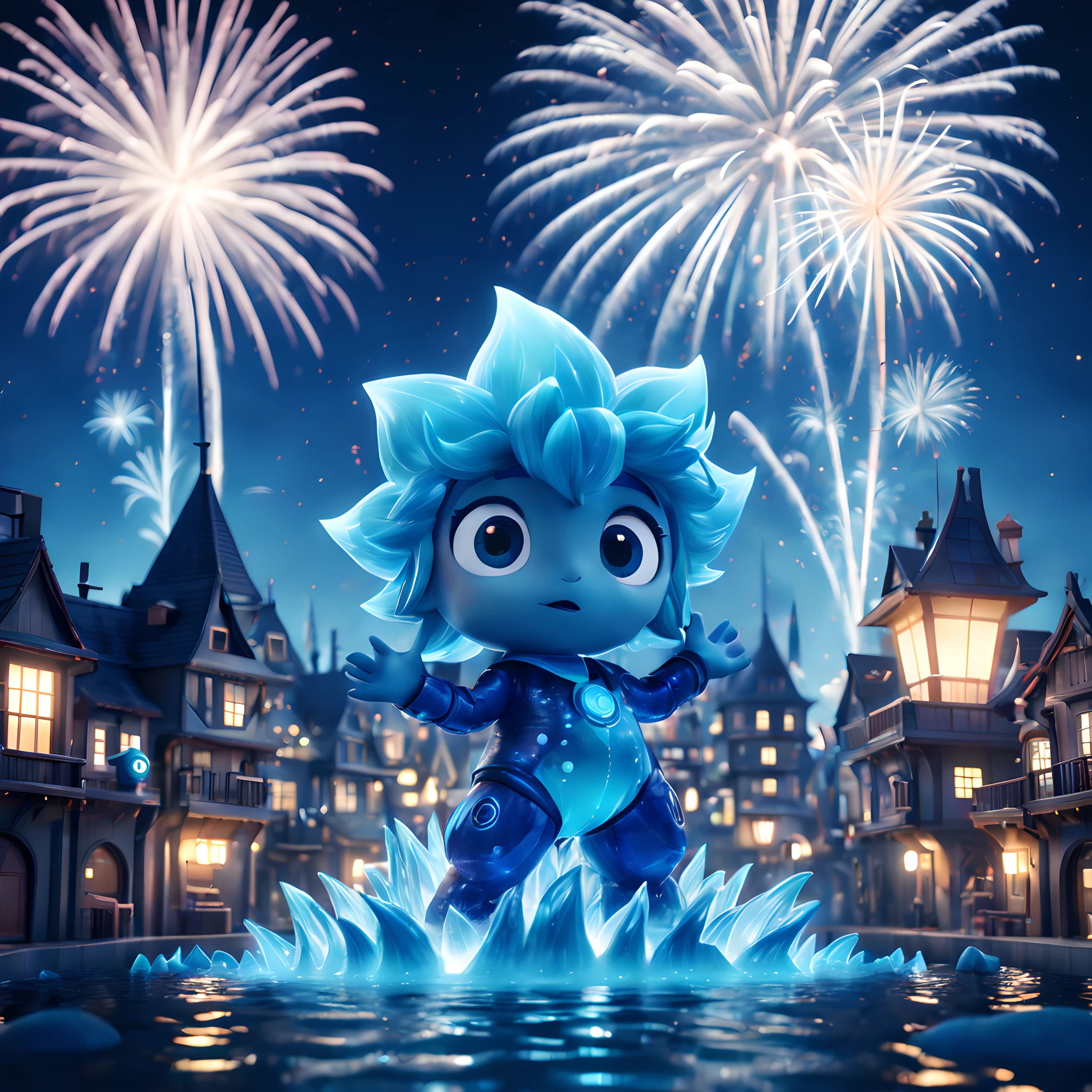 (Pixar style:1.5), (Pixar character:1.5), (chibi emote:1.5), (chibi character:1.5), (fantasy:1.5), (magical world:1.5), (spiritual world:1.5), (elemental character:1.5), (elemental town:1.5), (elemental futuric city:1.5), (night:1.5), (under fireworks:1.5), (water element character and solar element character:1.5), (3d render future city background:1.5), (fusion of 3d render and picar:1.5)