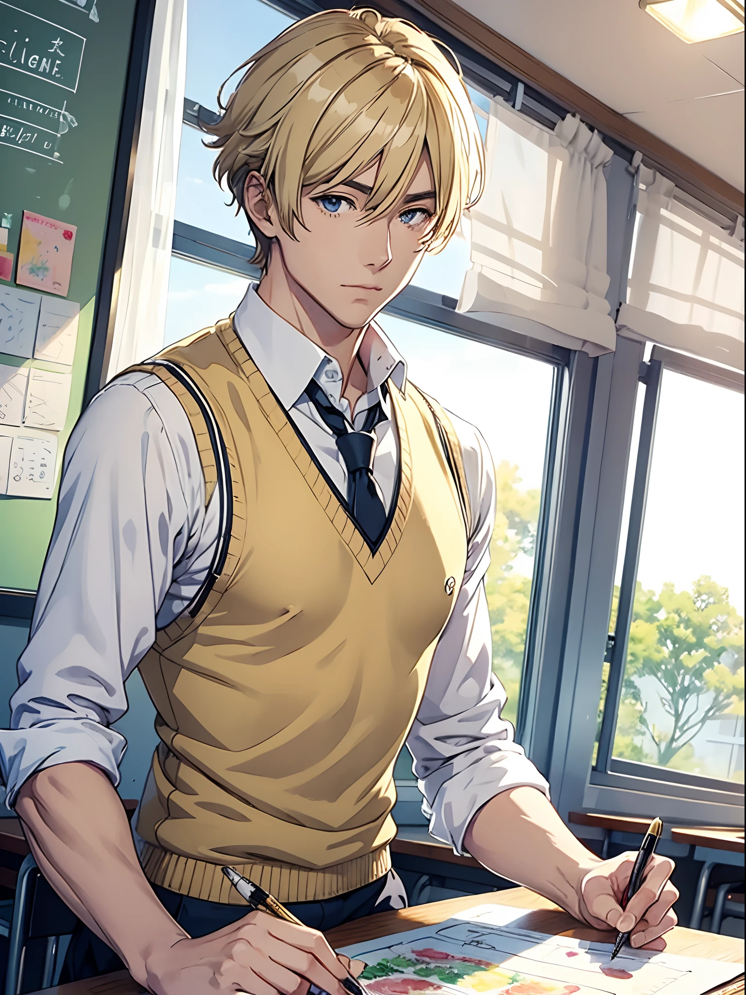 a handsome anime man, knitted cream vest, drawing watercolor pictures, classroom