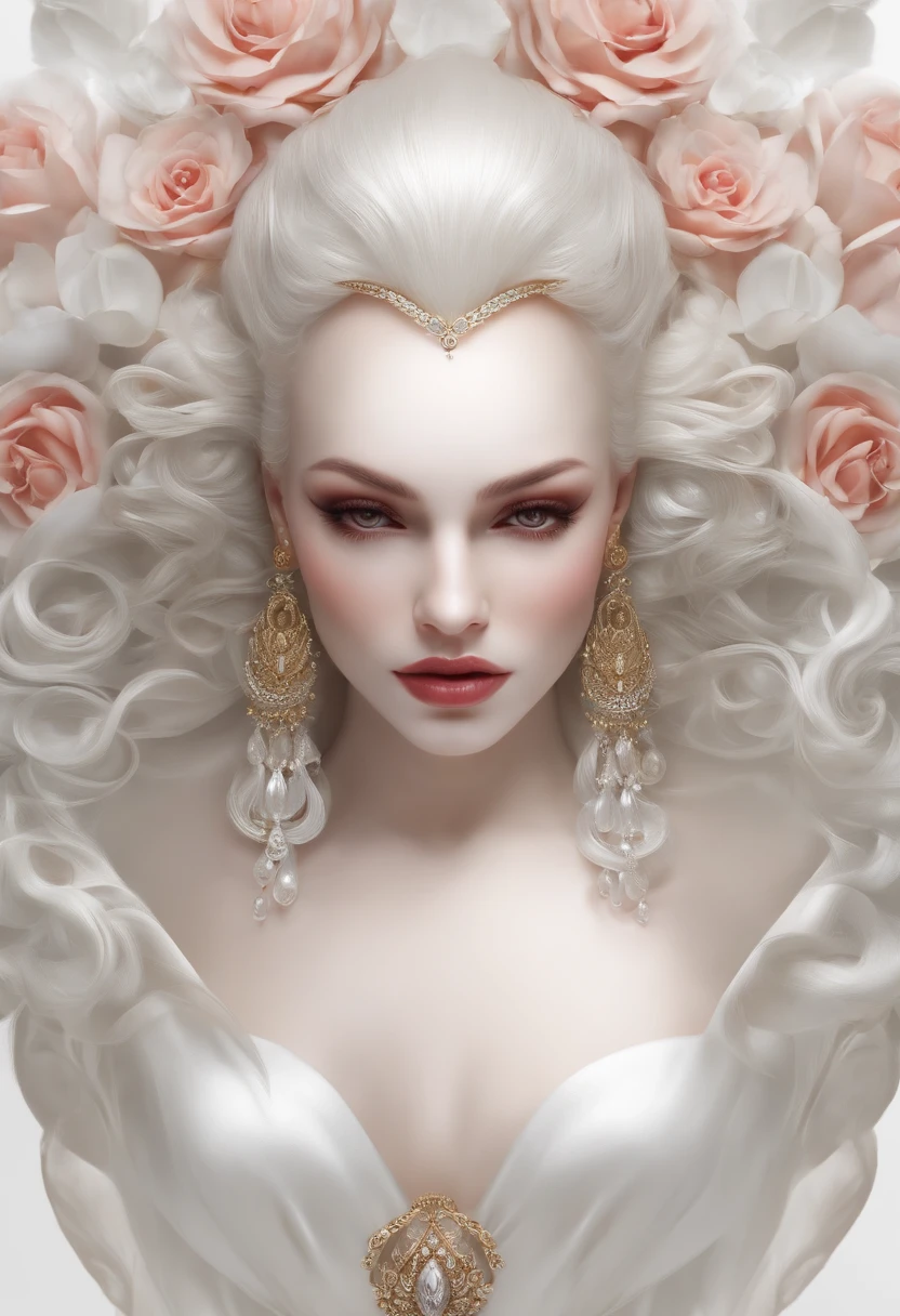 master part, extremely high quality, (foco sozinho), (rosto perfeito:1.1), (High detail:1.1),Dramatic, 1 cara, (pale skin), longos cabelos brancos, olhos brancos, [sobrancelhas claras], sozinho, venetian mask, terno de luxo branco, umbigo coberto, pouty lips, coberto, ballroom, Antecedentes detalhados, Arte de Artgerm e Greg Rutkowski,  Cinematic lighting, Roses