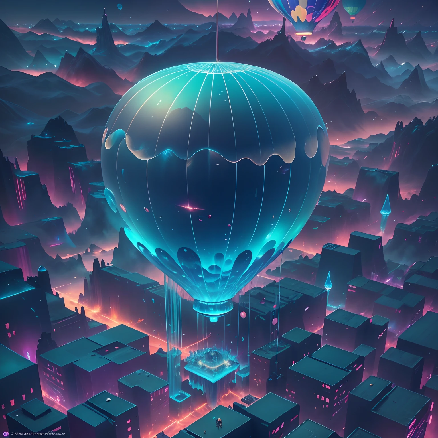 The transparent and ethereal hot air balloon glows blue，Futuristic hot air balloon in the shape of a jellyfish，blueglow，In a stunning fantasy world, A hot air balloon over a futuristic city，(Extremely detailed CG unified wallpaper), Abstract stylized beauty,surrealism, Super detail, Best quality, Award-Awarded, Anatomically correct, 16k, Super detail，Epic futuristic science fiction，8K highly detailed digital art, Amazing wallpapers, epic fantasy sci fi illustration, 8K high quality detailed art, colorful concept art, Cute, detailed fantasy digital art, colorfull digital fantasy art, 8K highly detailed digital art, Detailed digital 3D fantasy art, surreal concept art, whimsical fantasy landscape art, fantasy cityscape