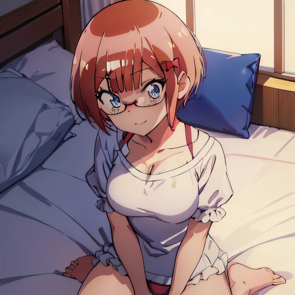 ((masutepiece)), ((Best Quality)), (Ultra-detailed), Anime style, from below looking up, on the bed, Cute s, 1girl in, Solo, underwear00, ((Beautiful eyes)), large full breasts, Smile