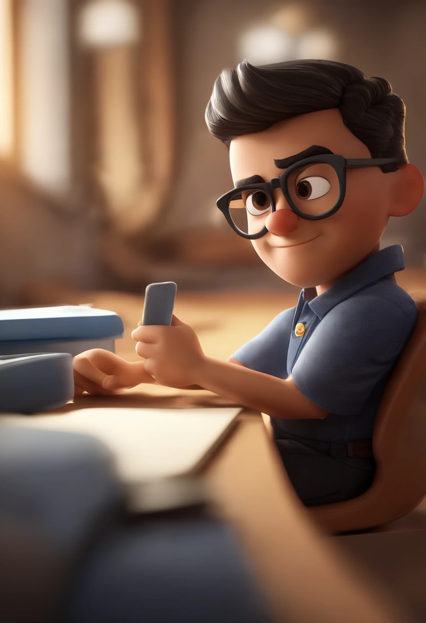 Cartoon character of a man wearing black glasses and a blue shirt, um personagem animado, Caractere estilizado, animation style rendering, 3D estilizado, Arnold Maya render, 3 d render stylized, toon render keyshot, Personagem 3D, Personagem 3D, 3d rendering stylized, 3 d character render, personagem de desenho animado, Personagem de close up, Pose de personagem, (Estilo Pixar) (master part:1.2) (Bokeh) (best quality) (pele detalhada) (textura detalhada) (8k) (argila) (Cinematic lighting) (foco nítido,Sits and hollows out the upper body the character is a math teacher