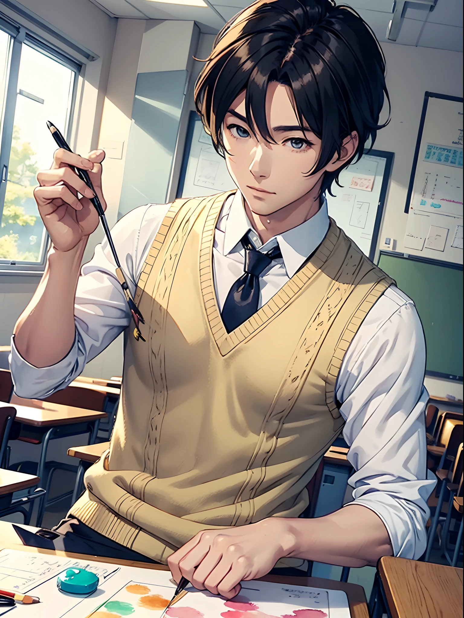 a handsome anime man, knitted cream vest, drawing watercolor pictures, classroom
