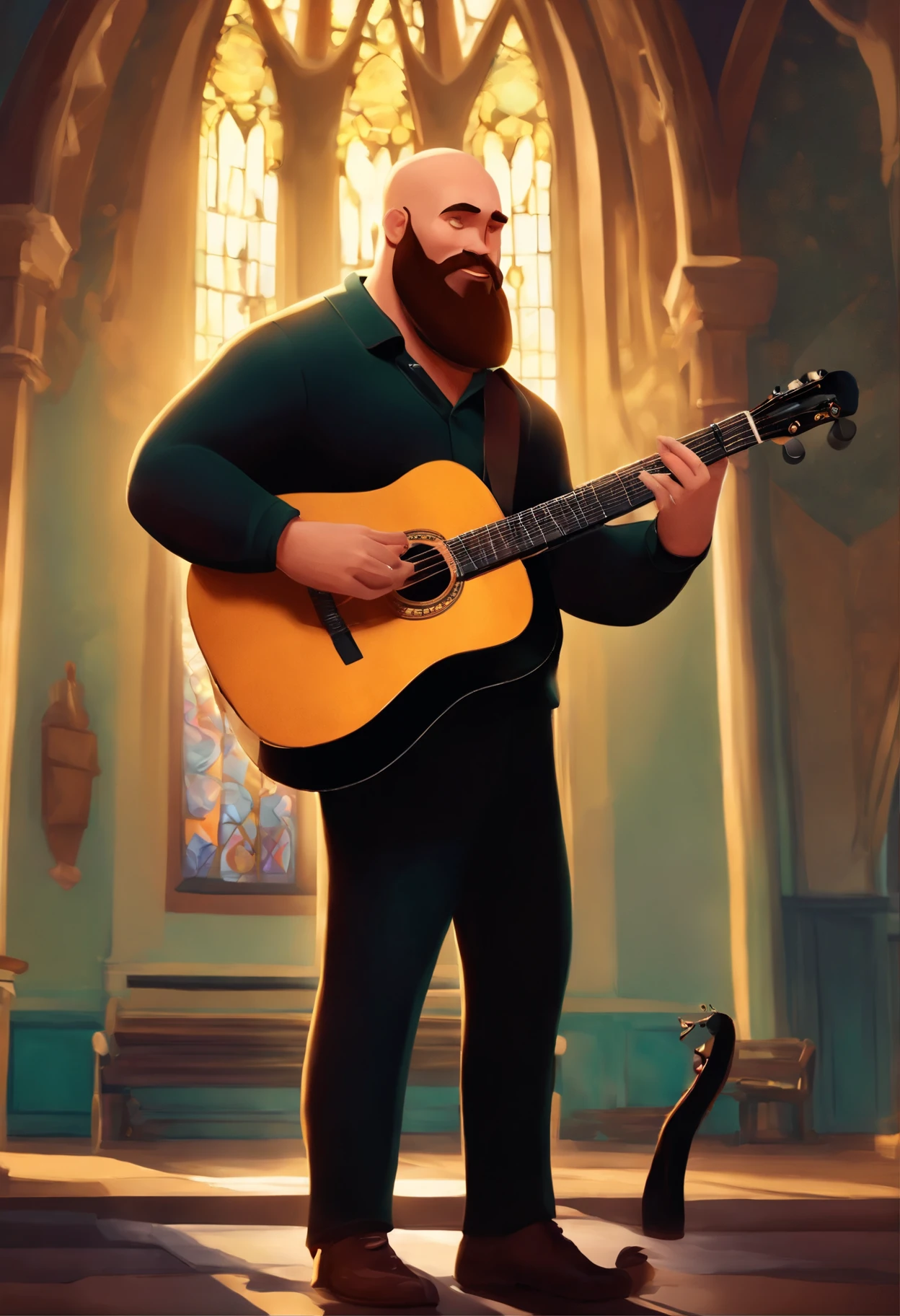 create a character inspired by the pixar universe, put all the art in vibrant colors and all the characteristics of this animation, a 30 year old man, medium body, bald head, medium light brown beard, honey green eyes, playing a black guitar in front to a church