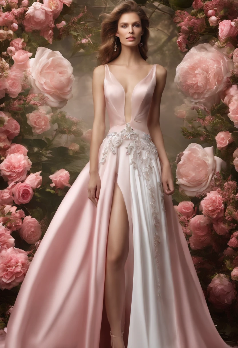 Design virtual clothing,The rose-eyed butterfly is the main source of inspiration,The color is predominantly pink and white of rose-eyed butterflies,white colors,It is shaped like a skirt,The model is designed for Gisele Bundchen in a sci-fi style, High-end and modern,The texture of the garment presents a three-dimensional silk silk light texture,The design screen presents a picture of the entire costume design,The background presents a catwalk scene, It has the texture of three-dimensional transparent glass crystals,Among them there is a bright surface of water,Colorful plants,Huge trees and vivid birds,C4D design, Design tools