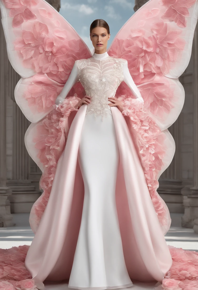 Design virtual clothing,The rose-eyed butterfly is the main source of inspiration,The color is predominantly pink and white of rose-eyed butterflies,white colors,It is shaped like a skirt,The model is designed for Gisele Bundchen in a sci-fi style, High-end and modern,The texture of the garment presents a three-dimensional silk silk light texture,The design screen presents a picture of the entire costume design,The background presents a catwalk scene, It has the texture of three-dimensional transparent glass crystals,Among them there is a bright surface of water,Colorful plants,Huge trees and vivid birds,C4D design, Design tools