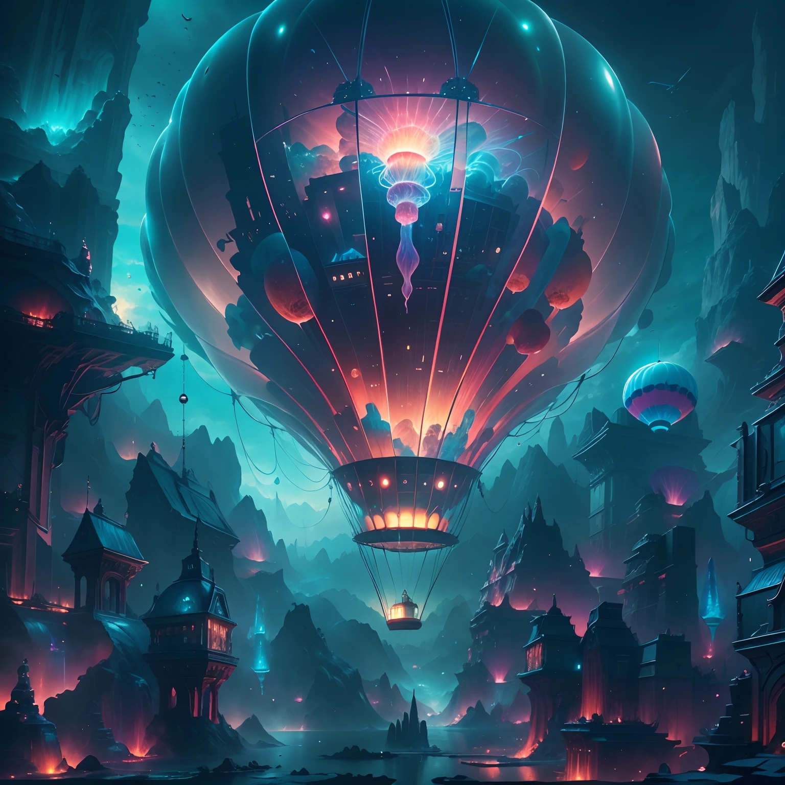 The transparent and ethereal hot air balloon glows blue，Futuristic hot air balloon in the shape of a jellyfish，blueglow，In a stunning fantasy world, A hot air balloon over a futuristic city，(Extremely detailed CG unified wallpaper), Abstract stylized beauty,surrealism, Super detail, Best quality, Award-Awarded, Anatomically correct, 16k, Super detail，Epic futuristic science fiction，8K highly detailed digital art, Amazing wallpapers, epic fantasy sci fi illustration, 8K high quality detailed art, colorful concept art, Cute, detailed fantasy digital art, colorfull digital fantasy art, 8K highly detailed digital art, Detailed digital 3D fantasy art, surreal concept art, whimsical fantasy landscape art, fantasy cityscape