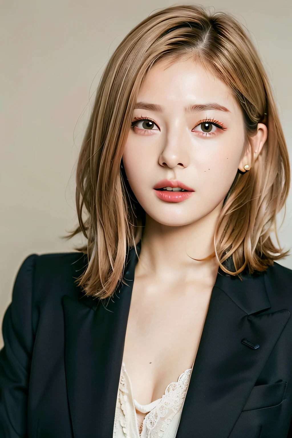 a photo of girl、shorth hair、blonde hair、top-quality、realisitic、Photorealsitic、(intricate detailes:1.2)、(delicate detail)、(ciinematic light、best quality backlight)、Clear Line、foco nítido、lifelike face、Detailed faces Unity 8K wallpapers、超A high resolution、(Photorealsitic:1.4)、looking at the viewers、wearing a suits