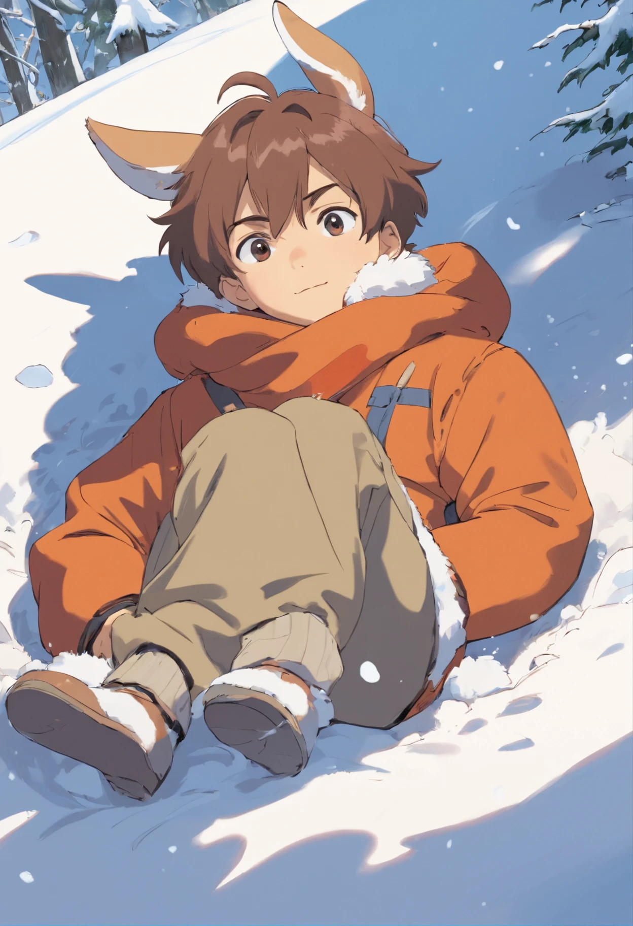 A young boy with,There are two beagle ears on the head,Lying in the snow,Q version,Simple lines,Dirty face
