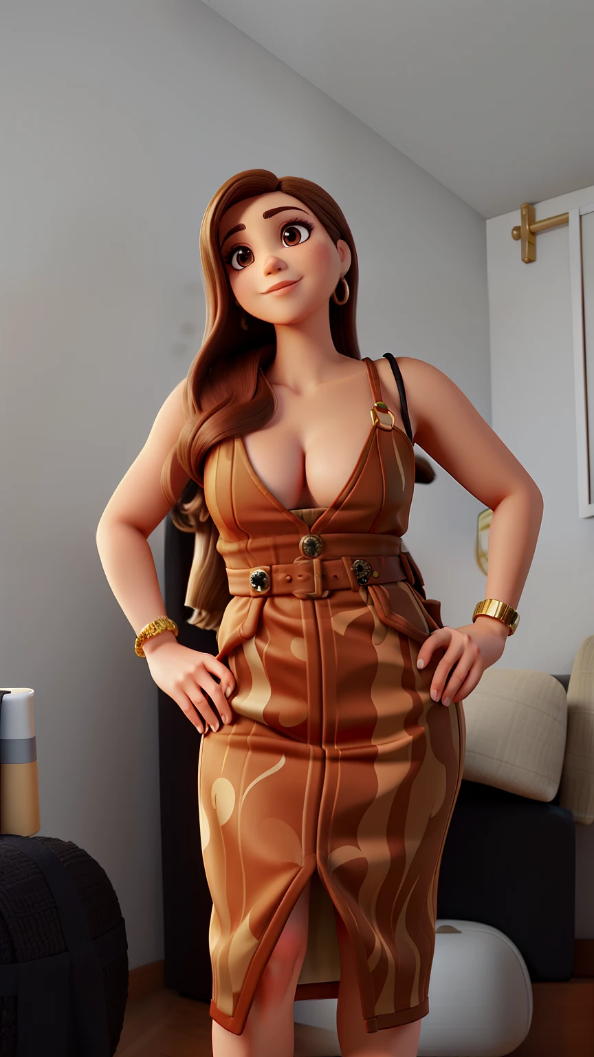 Beautiful woman, 40 anos, cabelo castanho liso, olhos castanhos escuros, Wearing a caramel strappy dress with a shihtzu puppy on her lap.. ao fundo parede branca com quadro