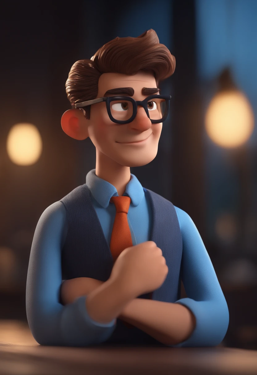 Cartoon character of a man with black glasses and a blue shirt, animation character, Caractere estilizado, animation style rendering, 3D estilizado, Arnold Maya render, 3 d render stylized, toon render keyshot, Personagem 3D, Personagem 3D, 3d rendering stylized, 3 d character render, personagem de desenho animado, Personagem de close up, Pose de personagem, (Estilo Pixar) (master part:1.2) (Bokeh) (best quality) (pele detalhada) (textura detalhada) (8k) (argila) (Cinematic lighting) (foco nítido