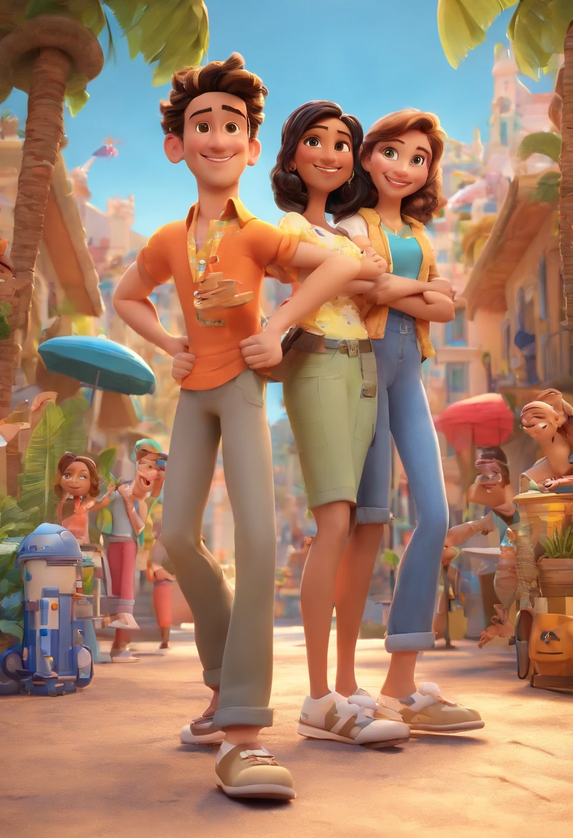 Cartoon of friends having fun on vacation together, 3D Animation Movie Poster, Poster de filme animado, pixar 3 d animation style, pixar renderman rendering, maia 8 mil, animated film, Disney Pixar Estilo 3D, amigos felizes saem juntos, all wearing light blue shirts and cream brown long pants, camisa azul clara, cream brown pants, ao ar livre, vacation, Disney Pixar Animation Poster