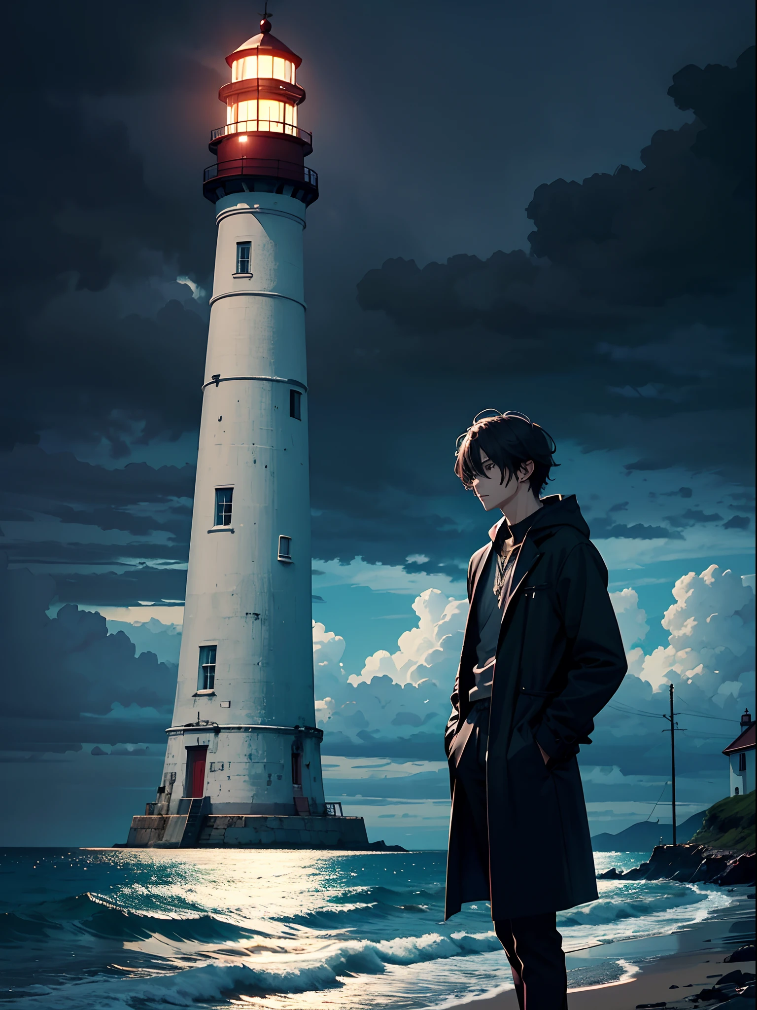 a handsome anime man on the seashore, gloomy ocean, dark sky, thunderstorm, lighthouse, beautiful picture
