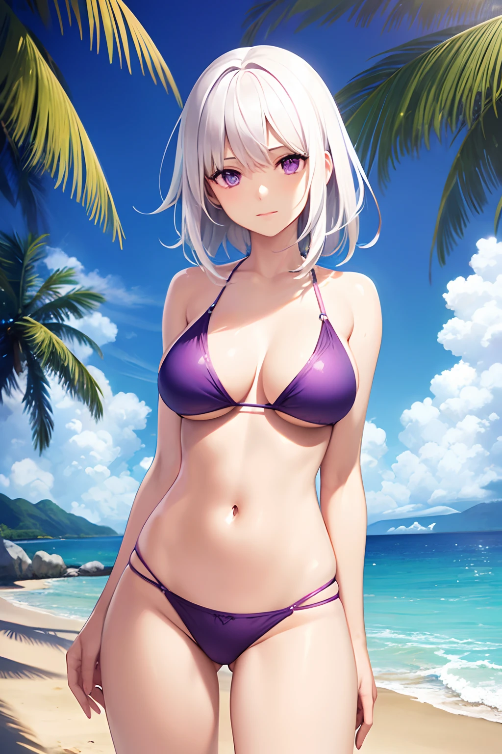 realistic, 1girl, white hair, purple eyes, bikini, beach, light particles, light rays, wallpaper,