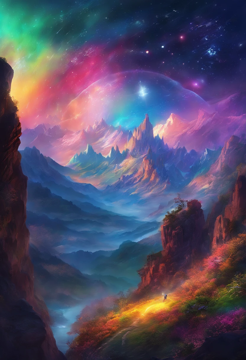Vast Landscape Photo (view from bottom, which shows the sky above and the rocks below), Fortress at the top (full moon: 1,2), (Shooting stars: 0,9), (nebula: 1,3), A Distant Mountain , дерево BREAK production art, (Cold light source:1.2), (Firefly:1.2), Snow-capped mountains, voluminous lighting, реализм BREAK (tmasterpiece:1.2), (beste-Qualit), 4k, Ultra-detailed, (Dynamic composition: 1.4), Detailed, colorful details, (Rainbow colors: 1.2), (Glowing Lighting, Ambiance Lighting), dreamy, elvish, (独奏: 1.2)