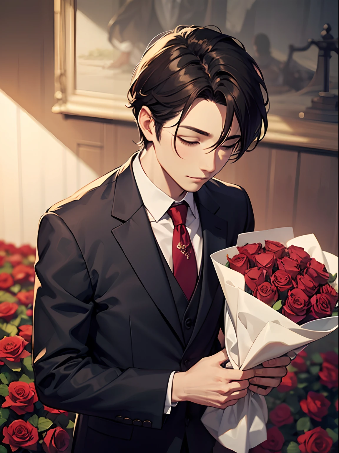 mastrepiece, 1 man, roses, happy, suit, flowers