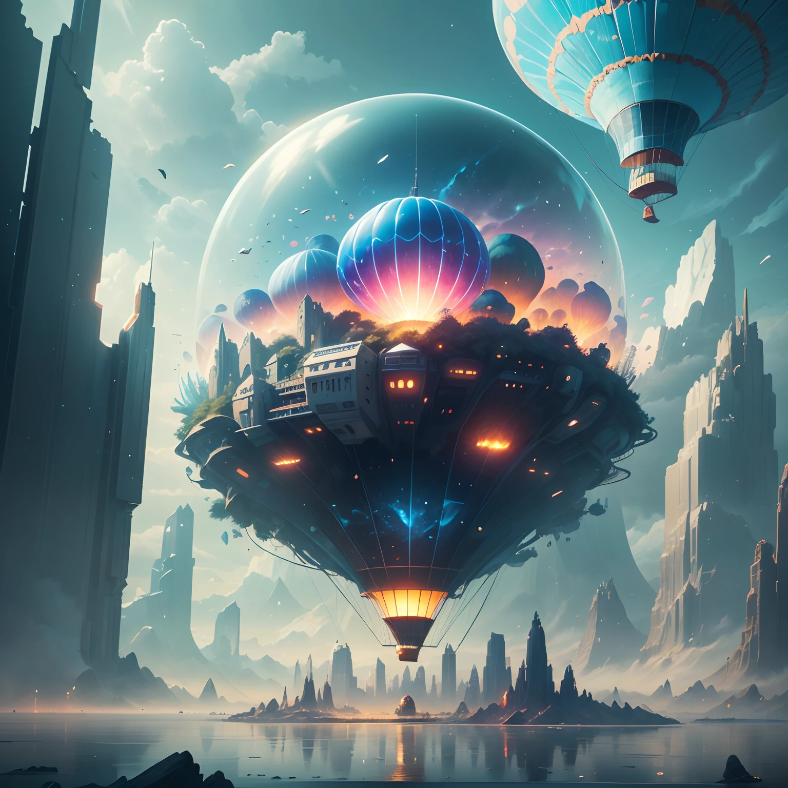 The transparent and ethereal hot air balloon glows blue,Futuristic hot air balloon in the shape of a jellyfish,blueglow,In a stunning fantasy world, A hot air balloon over a futuristic city,(Extremely detailed CG unified wallpaper), Abstract stylized beauty,surrealism, Super detail, Best quality, Award-Awarded, Anatomically correct, 16k, Super detail,Epic futuristic science fiction,8K highly detailed digital art, Amazing wallpapers, epic fantasy sci fi illustration, 8K high quality detailed art, colorful concept art, Cute, detailed fantasy digital art, colorfull digital fantasy art, 8K highly detailed digital art, Detailed digital 3D fantasy art, surreal concept art, whimsical fantasy landscape art, fantasy cityscape