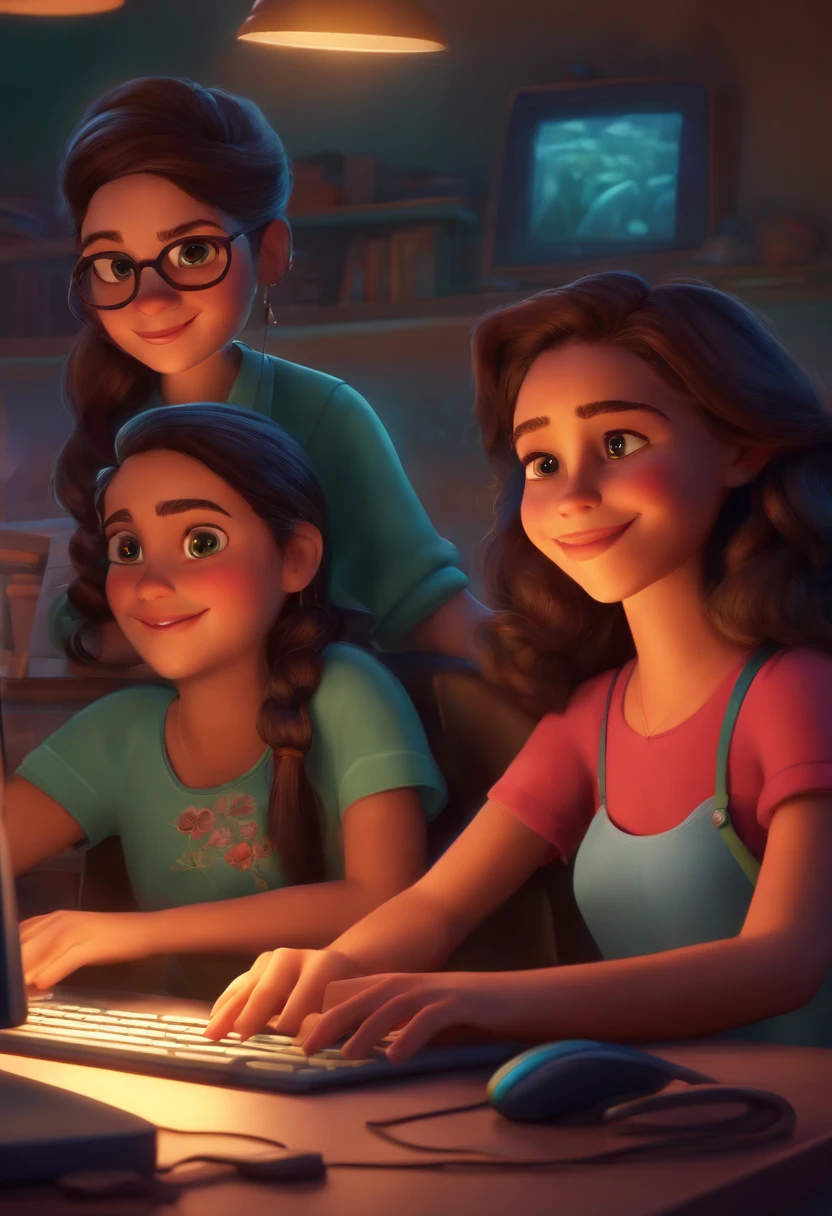 Movie cover of three girls and a boy working on their computers very happy, no estilo Disney Pixar