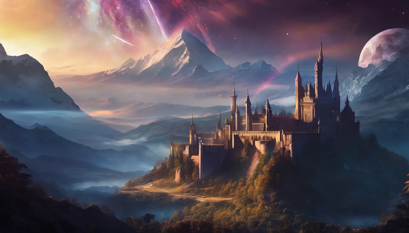 Vast Landscape Photo (view from bottom, which shows the sky above and the rocks below), Fortress at the top (full moon: 1,2), (Shooting stars: 0,9), (nebula: 1,3), A Distant Mountain , дерево BREAK production art, (Cold light source:1.2), (Firefly:1.2), Snow-capped mountains, voluminous lighting, реализм BREAK (tmasterpiece:1.2), (beste-Qualit), 4k, Ultra-detailed, (Dynamic composition: 1.4), Detailed, colorful details, (Rainbow colors: 1.2), (Glowing Lighting, Ambiance Lighting), dreamy, elvish, (独奏: 1.2)