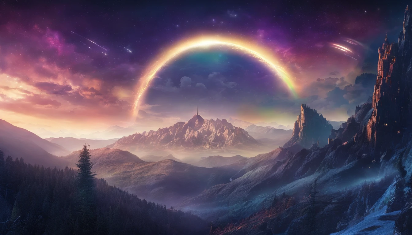 Vast Landscape Photo (view from bottom, which shows the sky above and the rocks below), Fortress at the top (full moon: 1,2), (Shooting stars: 0,9), (nebula: 1,3), A Distant Mountain , дерево BREAK production art, (Cold light source:1.2), (Firefly:1.2), Snow-capped mountains, voluminous lighting, реализм BREAK (tmasterpiece:1.2), (beste-Qualit), 4k, Ultra-detailed, (Dynamic composition: 1.4), Detailed, colorful details, (Rainbow colors: 1.2), (Glowing Lighting, Ambiance Lighting), dreamy, elvish, (独奏: 1.2)