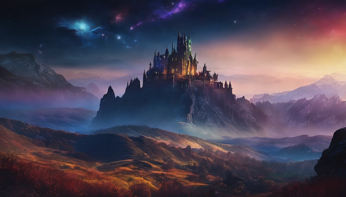 Vast Landscape Photo (view from bottom, which shows the sky above and the rocks below), Fortress at the top (full moon: 1,2), (Shooting stars: 0,9), (nebula: 1,3), A Distant Mountain , дерево BREAK production art, (Cold light source:1.2), (Firefly:1.2), Snow-capped mountains, voluminous lighting, реализм BREAK (tmasterpiece:1.2), (beste-Qualit), 4k, Ultra-detailed, (Dynamic composition: 1.4), Detailed, colorful details, (Rainbow colors: 1.2), (Glowing Lighting, Ambiance Lighting), dreamy, elvish, (独奏: 1.2)