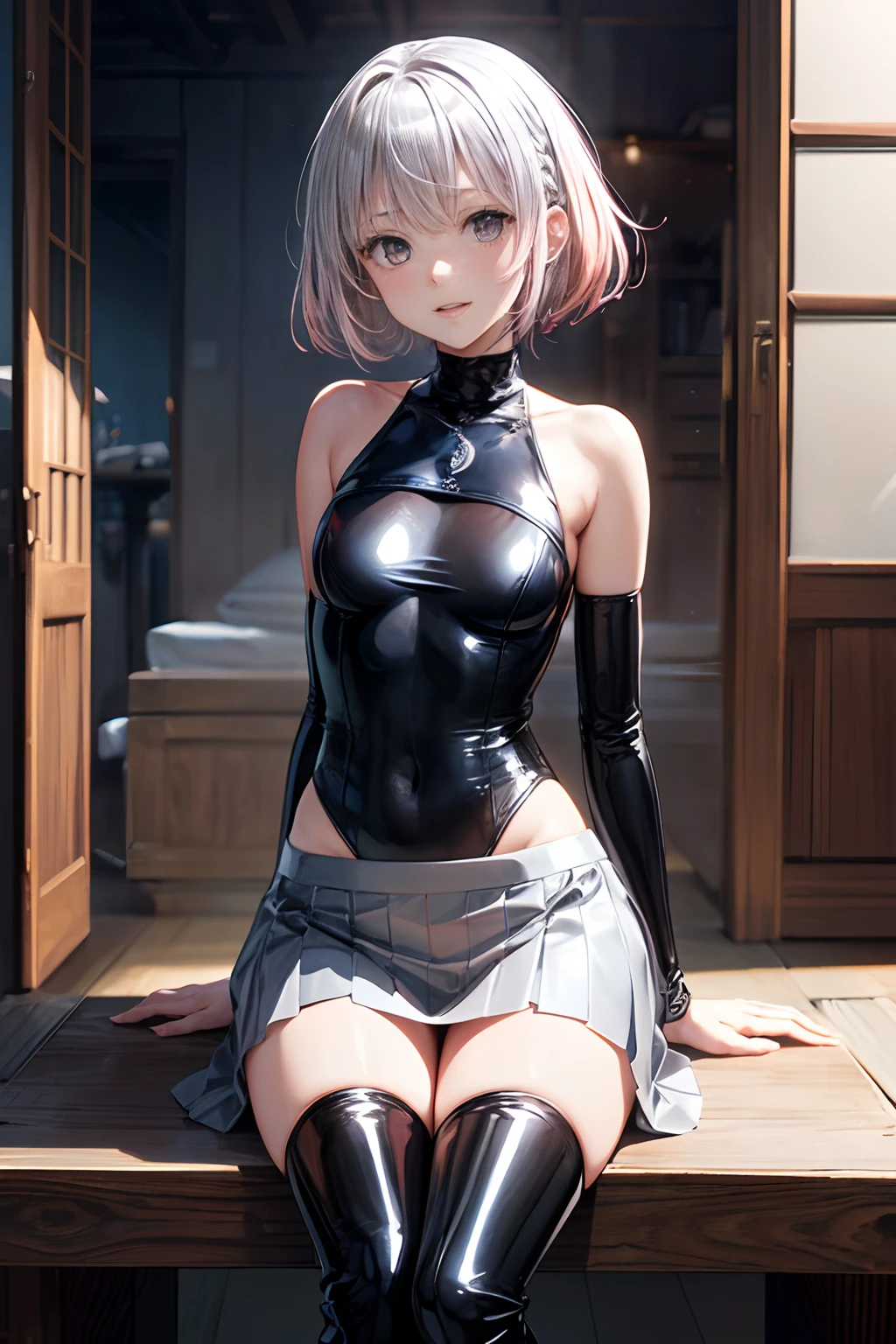 ((The costume is made of metal:1.5)), ((In Kyoto Animation Style)), super precision, masterpiece, very extremely beautiful, Princess Face, ((1 girl)), ((Solo:1.5)), ((Pink hair:1.5)), ((BobKat 1.5)), BREAK, ((Black eyes)), Latex, Short hair, ((Straight hair)), BREAK, ((The costume is silver:1.5)), BREAK, ((Taimanin suit:1.5)), ((Black Leotard)), (elbow groves), (Thigh boots), Professional Lighting, (25-years old), Narrow waist, Shiny skin, ((Oiled skin)), glistning skin, Looking at Viewer, Cowboy Shot, Dynamic Pose, is looking at the camera, inside in room, Sexy, A slight smil, Slightly open mouth, ((Cute)), ((Silver costume:1.5)), (Metal breastplate), sitting on, ((Hands behind your back)), Ultra-fine eyes, Ultra-fine face, ((skirt by the:1.5)), ((thin lips:1.5)), Sexy, ((drooping eyes)), ((slightly larger chest)),